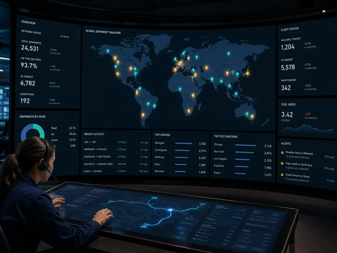 Centro de control logístico con monitoreo de rutas en tiempo real