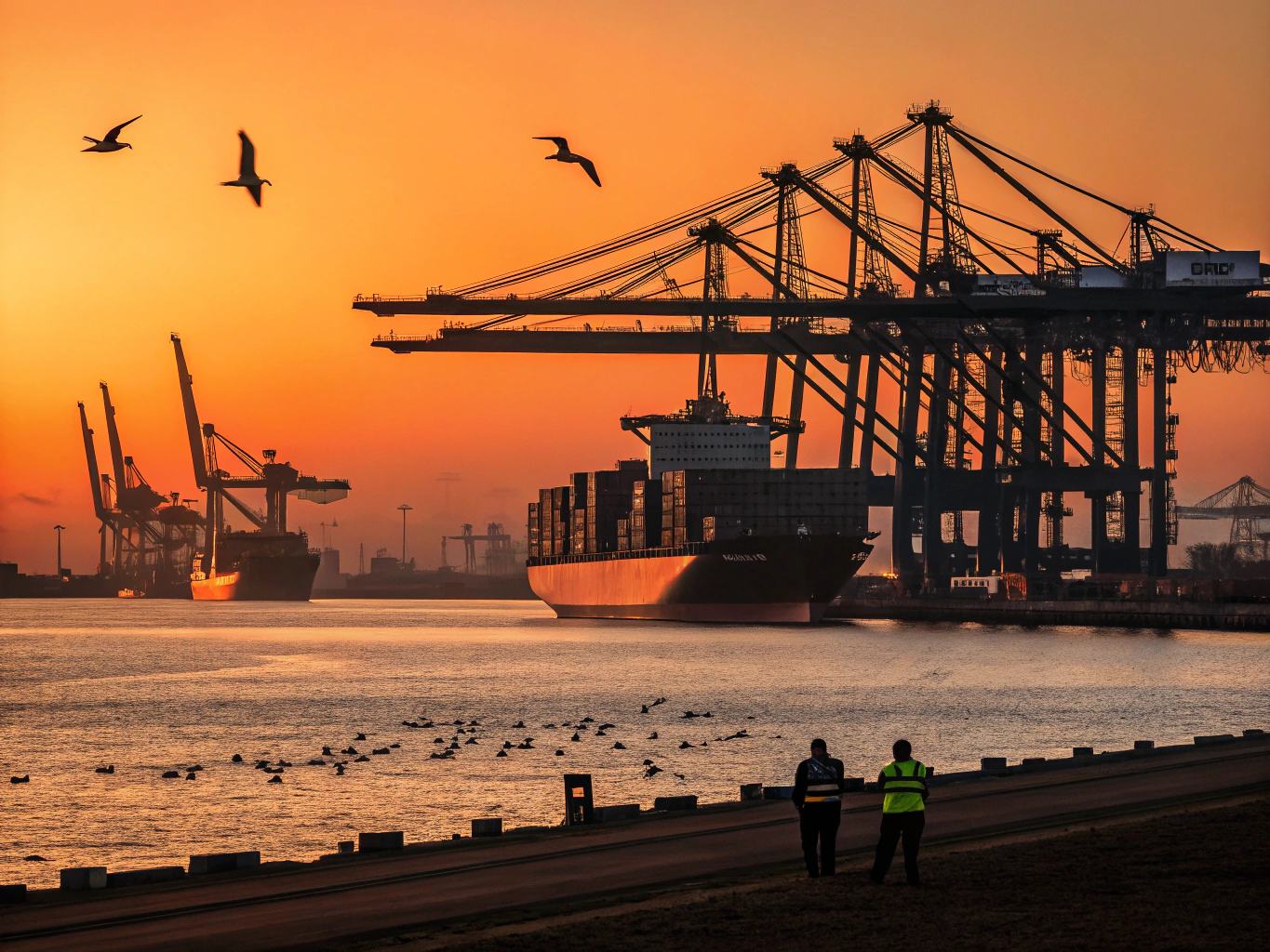 Operaciones logísticas en el puerto de Valencia al atardecer